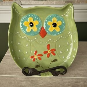 Cracker Barrel Green‎ Owl Platter Dish Plate Decor Whimsical Floral Ceramic